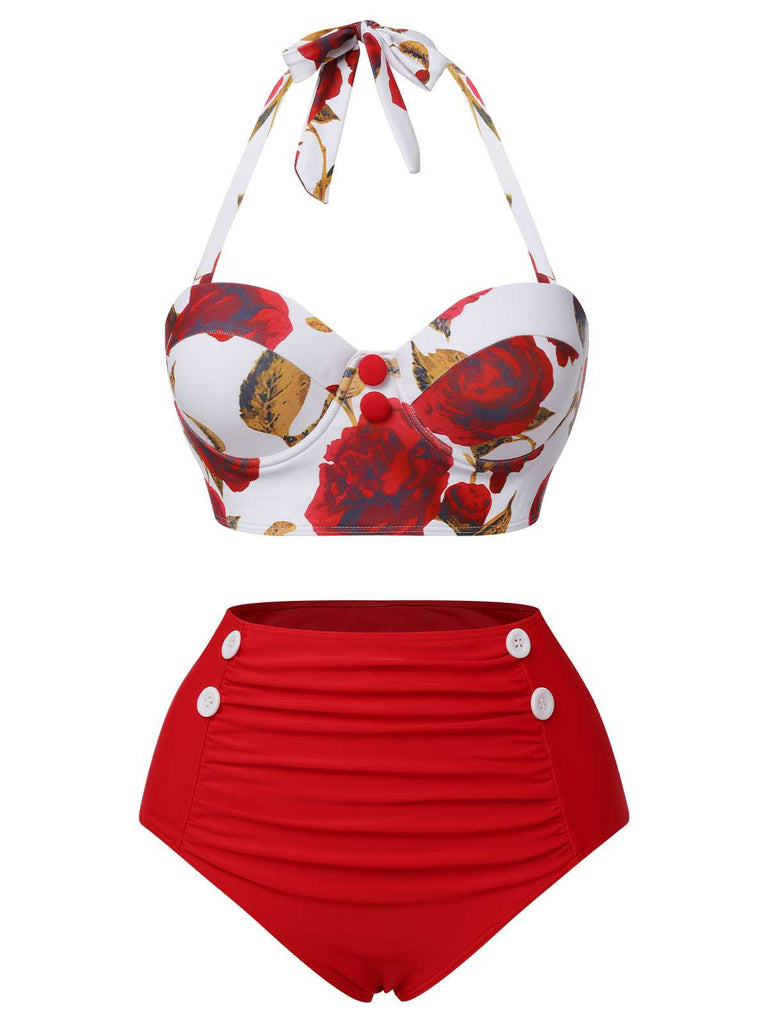 Rot 1940er Halter Roses Badeanzug
