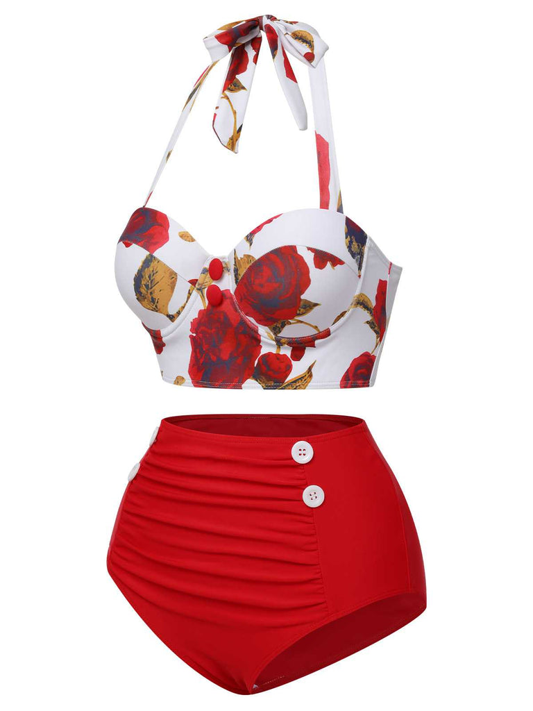 Rot 1940er Halter Roses Badeanzug