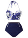 Blau 1960er Halter Roses Bikini Set