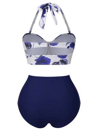 Blau 1960er Halter Roses Bikini Set