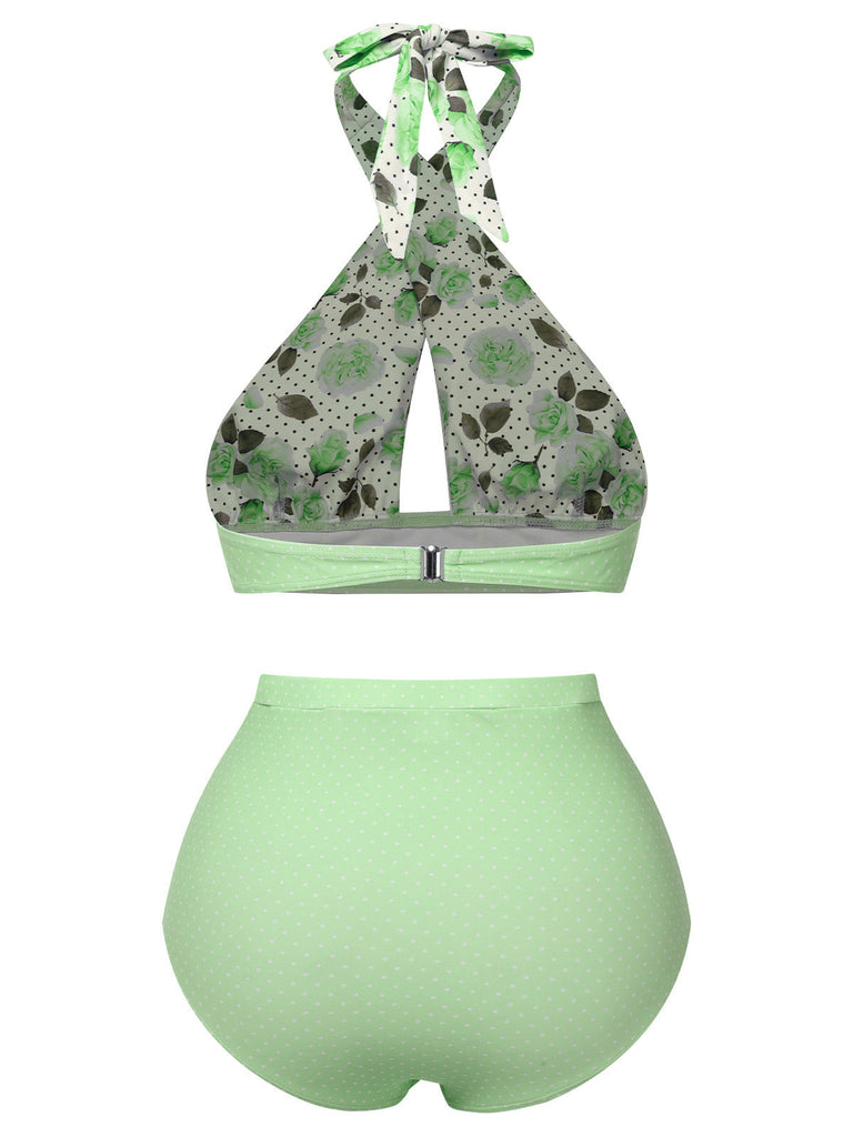 [Vorverkauf] Grün 1940er Blumen Cross Halter Badeanzug