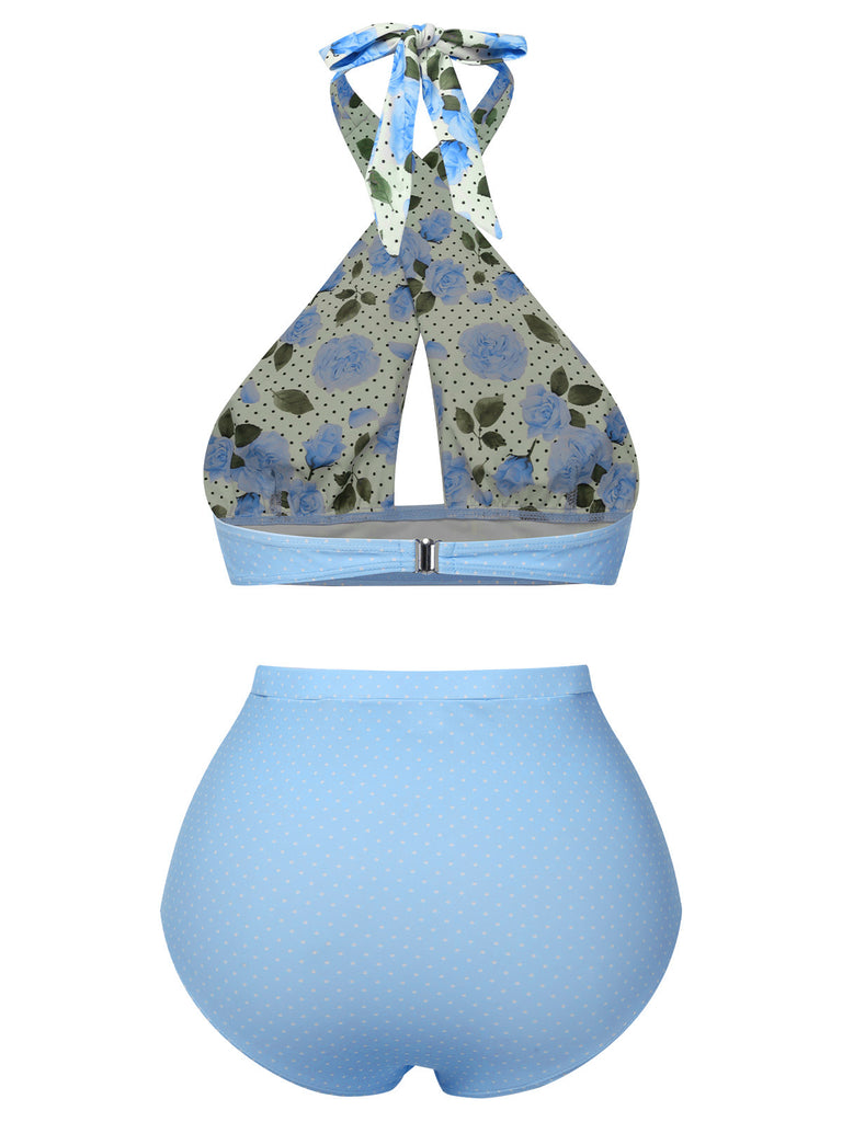Blau 1940er Blumen Cross Halter Badeanzug