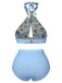 Blau 1940er Blumen Cross Halter Badeanzug