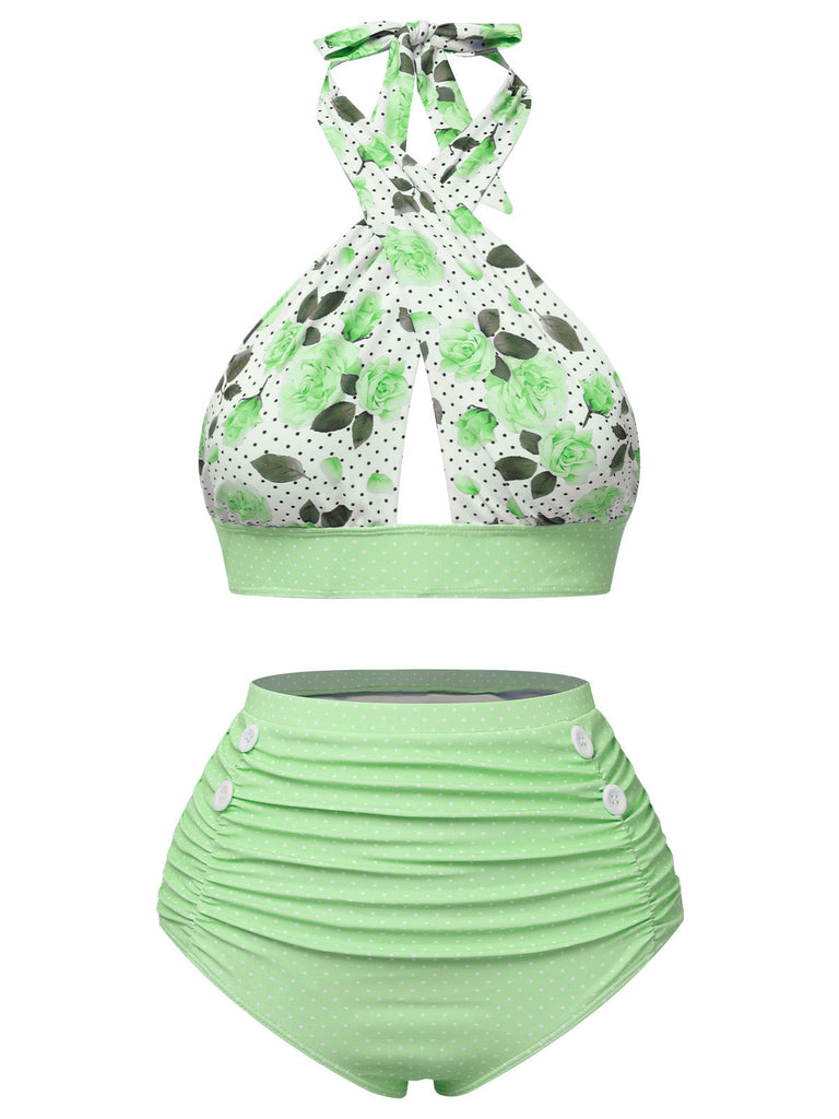 Blau 1940er Blumen Cross Halter Badeanzug