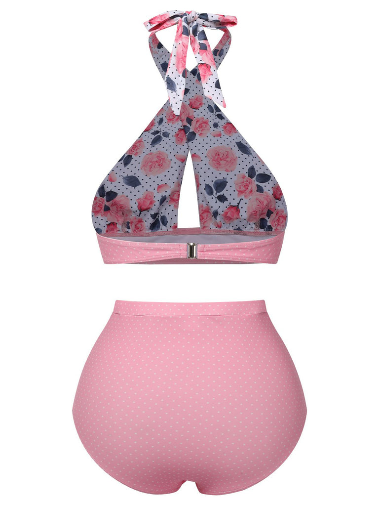 Blau 1940er Blumen Cross Halter Badeanzug