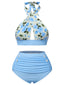 Blau 1940er Blumen Cross Halter Badeanzug