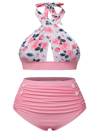 [Übergröße] Rosa 1940er Blumen Cross Halter Badeanzug