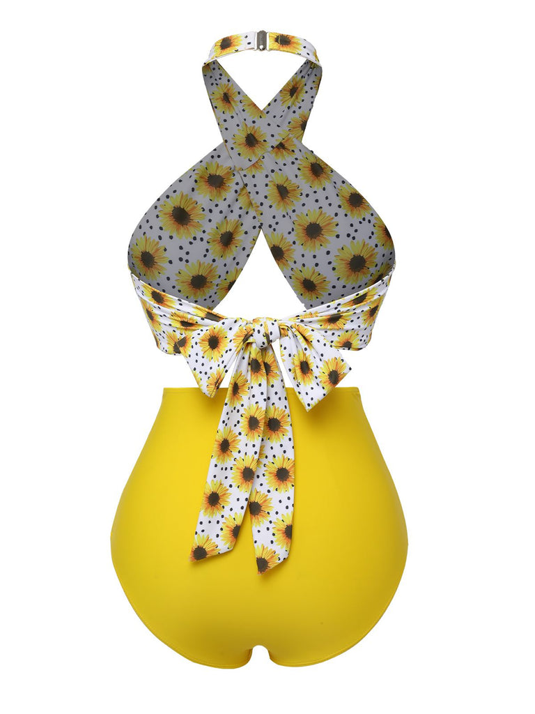 Blau 1940er Blumen Cross Halter Badeanzug