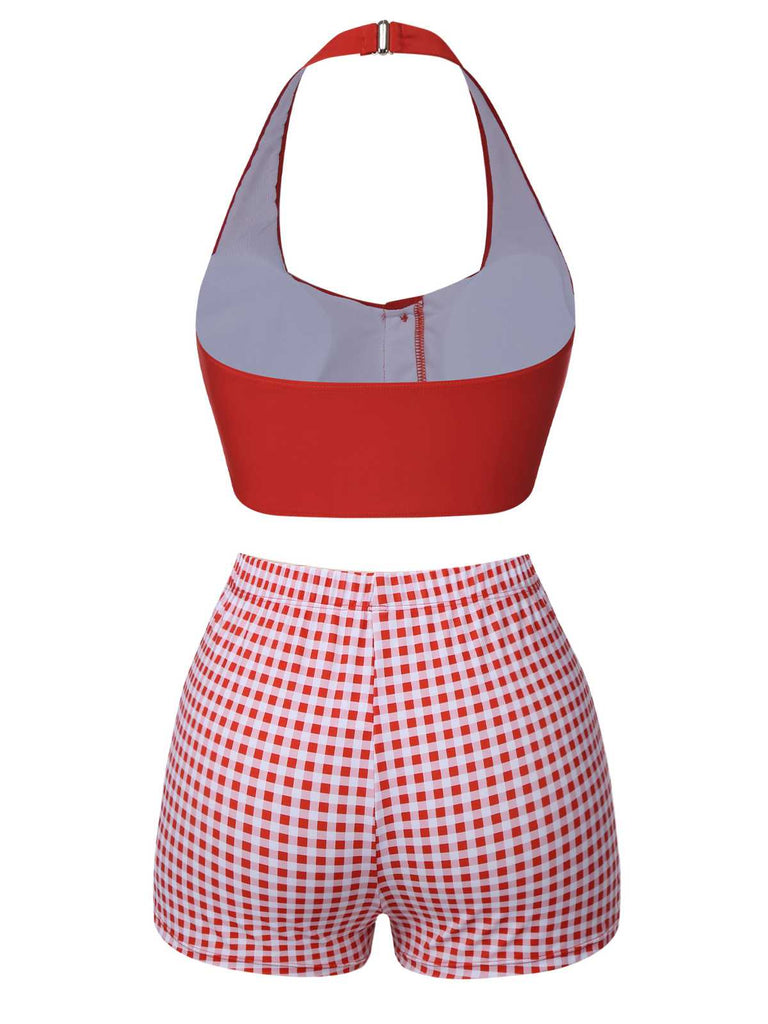 Rot 1950er Halter Plaids Badeanzug