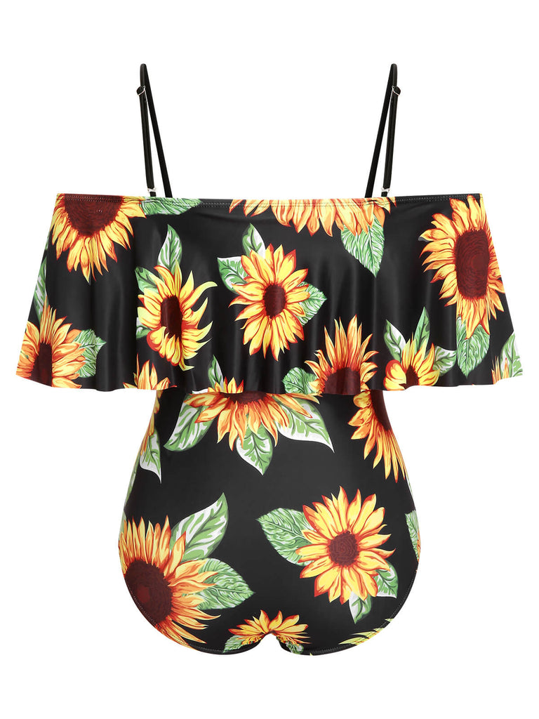 [Übergröße] Schwarz 1940er Sonnenblumen Schulterfreies Badeanzug