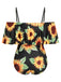 [Übergröße] Schwarz 1940er Sonnenblumen Schulterfreies Badeanzug