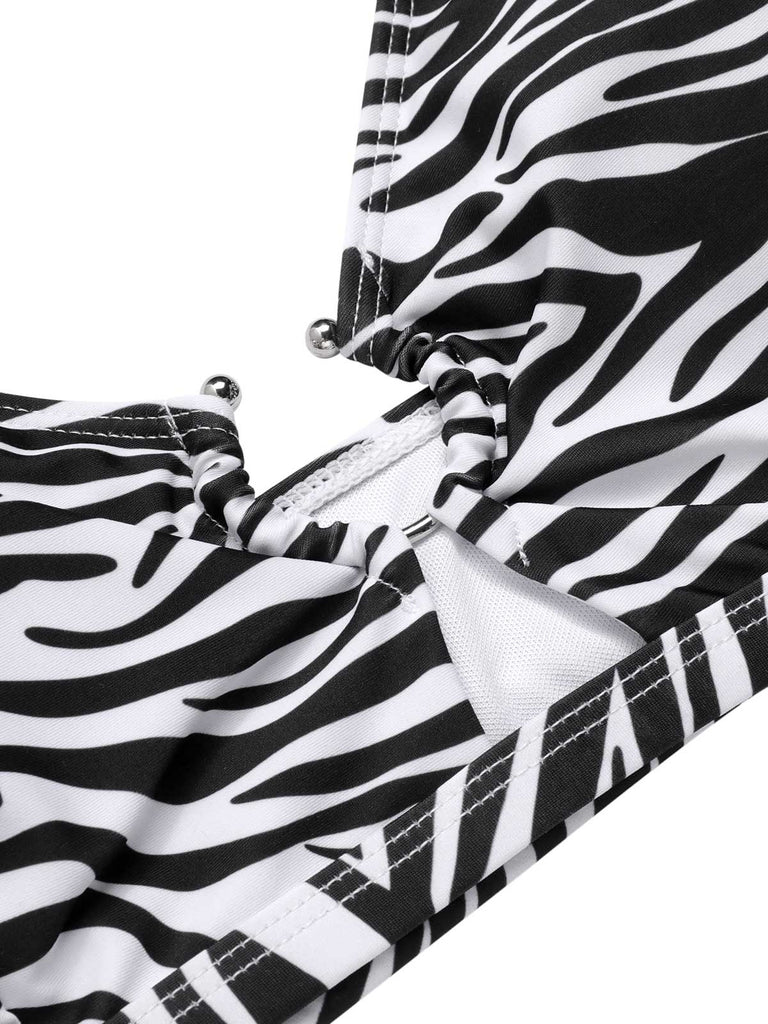 [Übergröße] 1940er Zebra Druck Hohl Halter Badeanzug