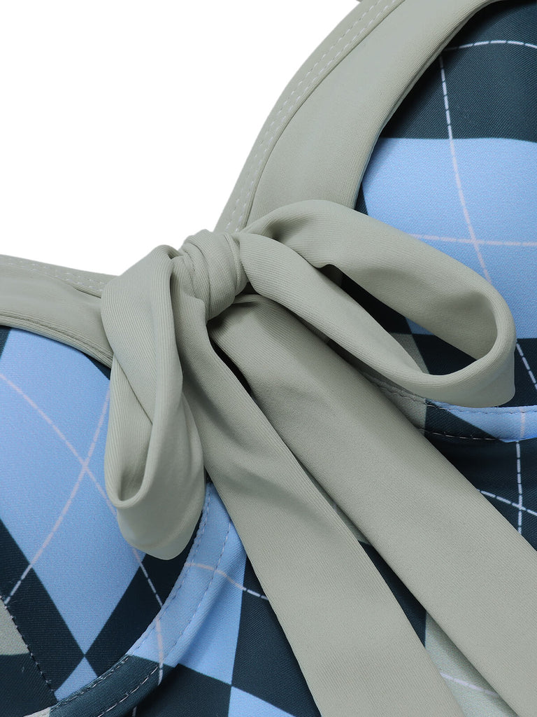 Blau Grau 1950er Argyle Halter Einteiliger Badeanzug