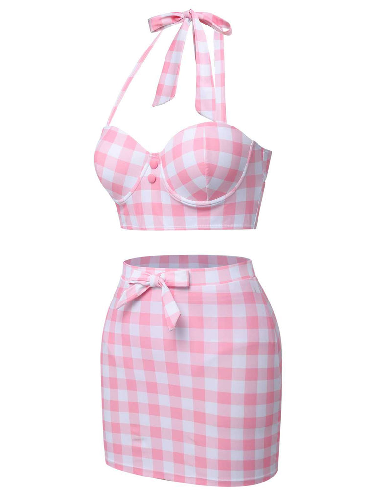 Rosa 1950er Halter Plaids Bogen Badeanzug