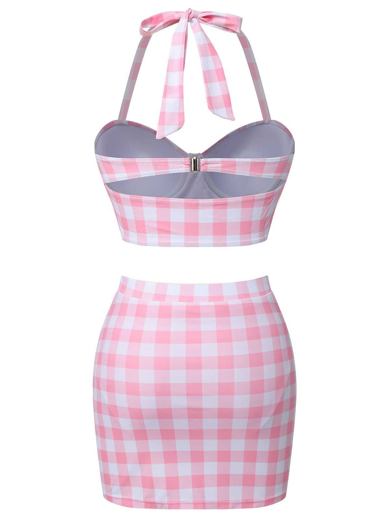 Rosa 1950er Halter Plaids Bogen Badeanzug