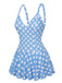 Blau 1960er Polka Dot Blütenblatthals Badeanzug