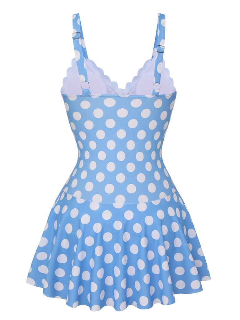 Blau 1960er Polka Dot Blütenblatthals Badeanzug