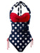 Blau & Rot 1950er Polka Dots Halter Badeanzug
