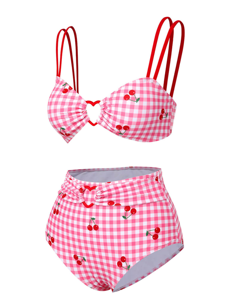 Rosa 1950er Plaid & Kirsche Träger Badeanzug