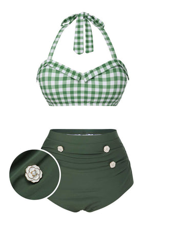 Grün Grau 1940er Halter Plaids Bikini Set
