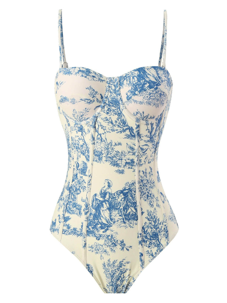 1950er Tinte Floral Spaghetti Träger Einteiliger Badeanzug