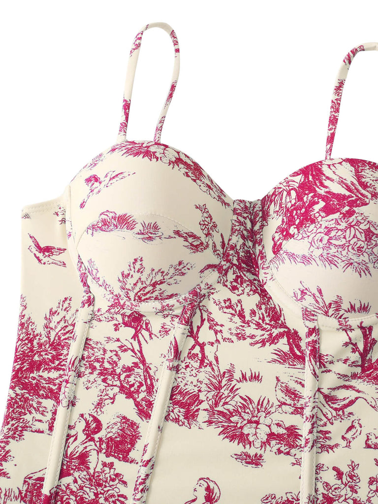 1950er Tinte Floral Spaghetti Träger Einteiliger Badeanzug