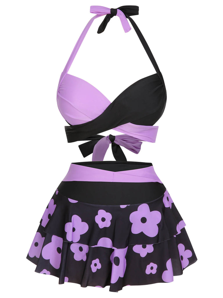 1950er Farbblock Blumen Halter Badeanzug