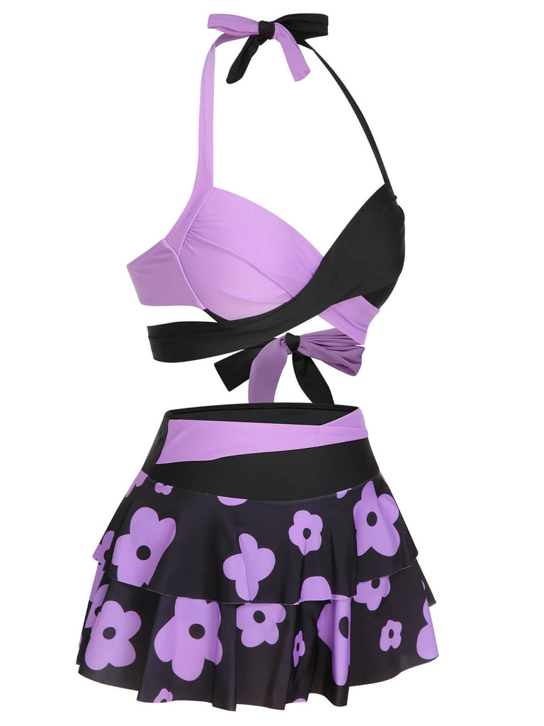 1950er Farbblock Blumen Halter Badeanzug