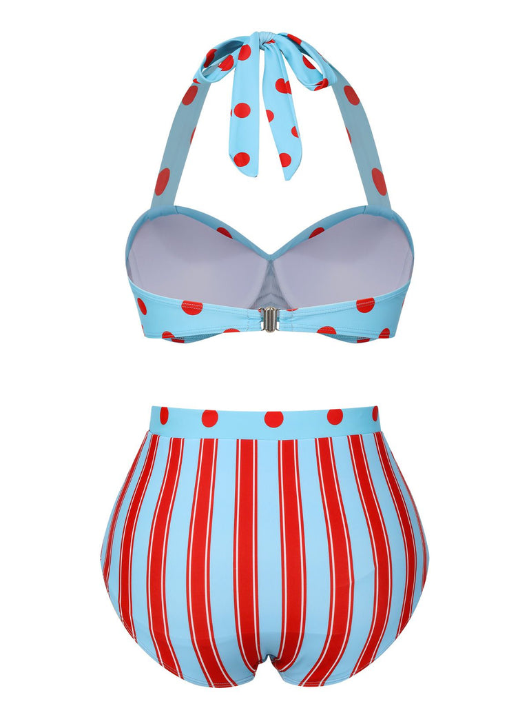 Blau 1940er Polka Dot Streifen Halter Bikini Set