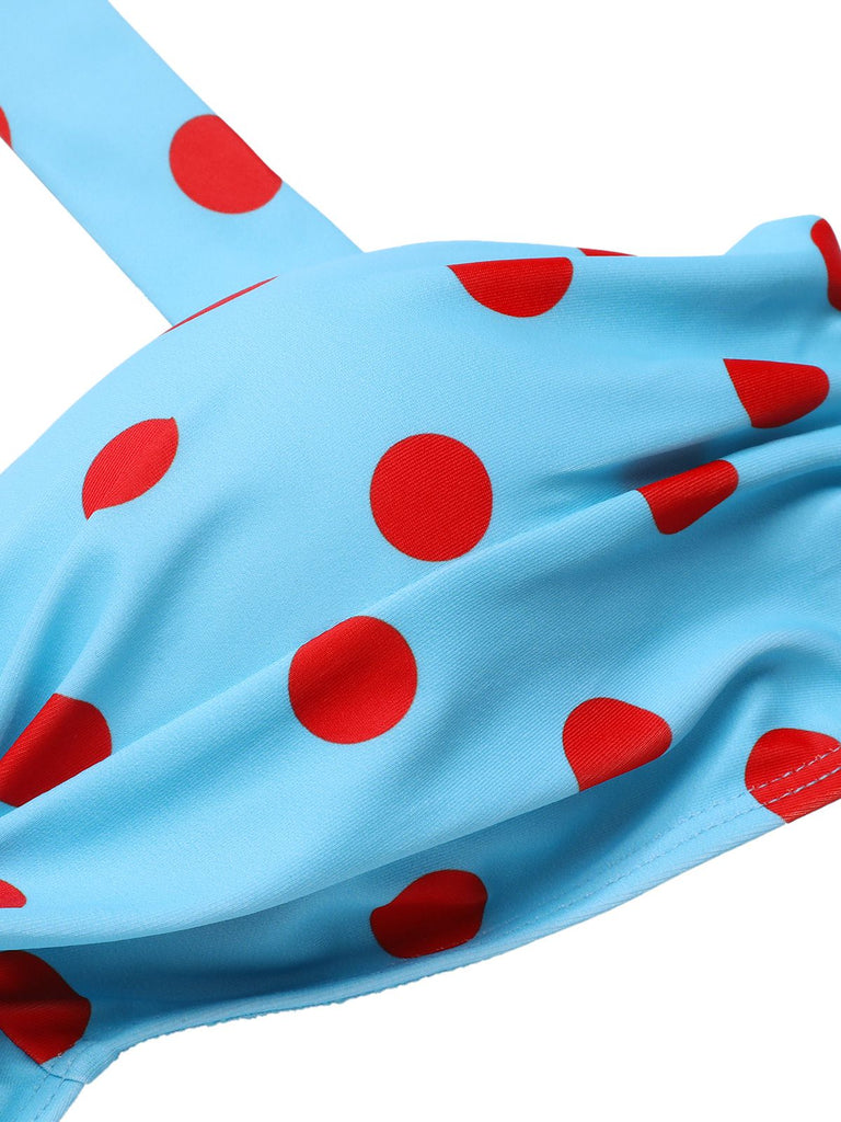 Blau 1940er Polka Dot Streifen Halter Bikini Set