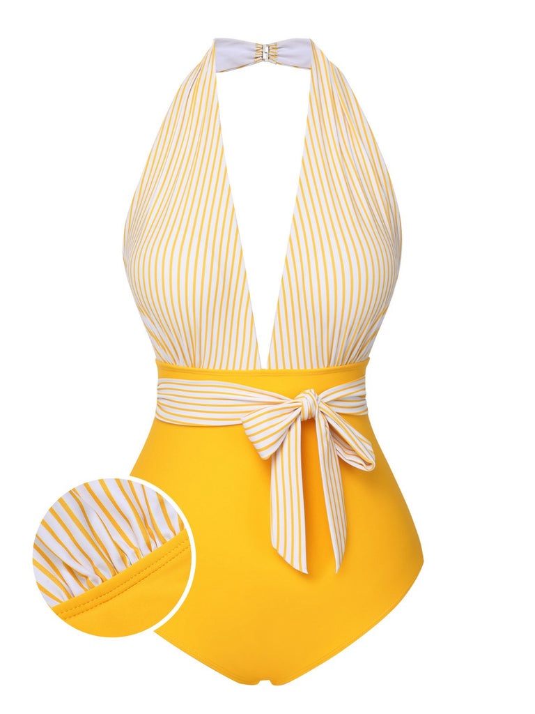 Gelb 1950er Halter Streifen Patchwork Badeanzug