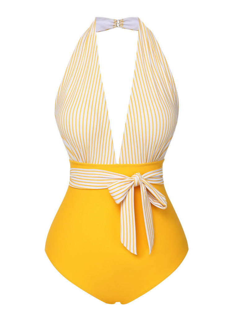 Gelb 1950er Halter Streifen Patchwork Badeanzug