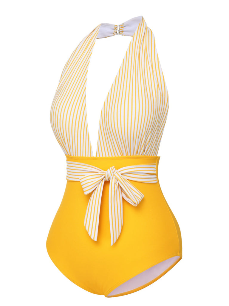 Gelb 1950er Halter Streifen Patchwork Badeanzug