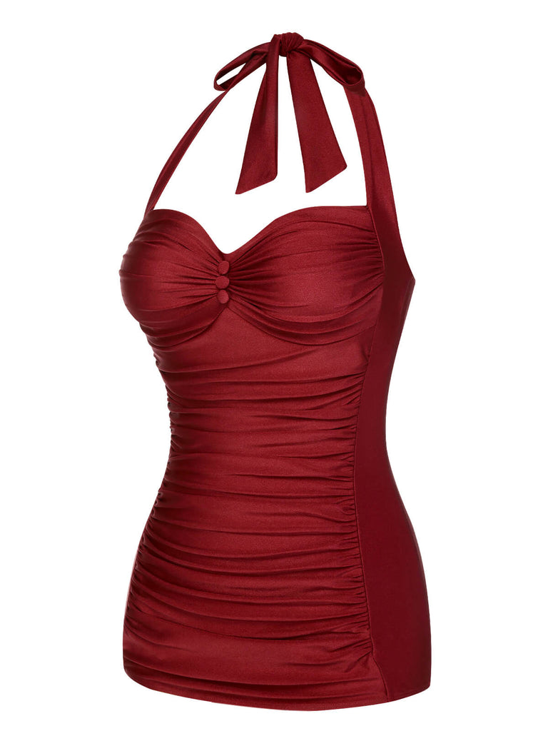 Rot 1950er Solide Halter Falten Badeanzug