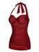 Rot 1950er Solide Halter Falten Badeanzug