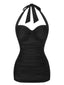 Schwarz 1950er Solide Halter Falten Badeanzug