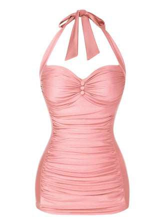 Rosa 1950er Solide Halter Falten Badeanzug