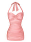 [Vorverkauf] Rosa 1950er Solide Halter Falten Badeanzug