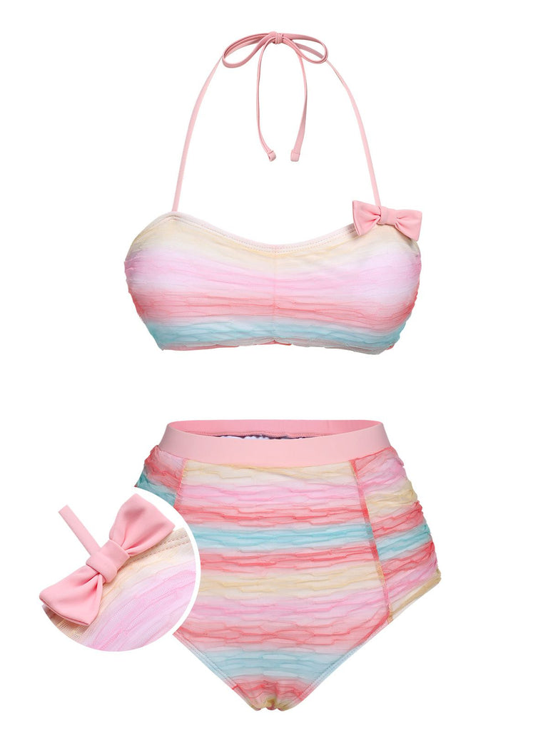 Multicolor 1960er Regenbogen Masche Badeanzug