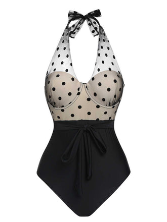 Schwarz 1950er Halter Polka Dots Masche Badeanzug