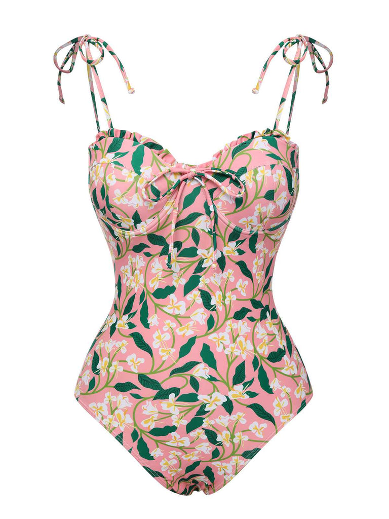 Rosa 1950er Spaghetti Träger Pflanzen Print Badeanzug