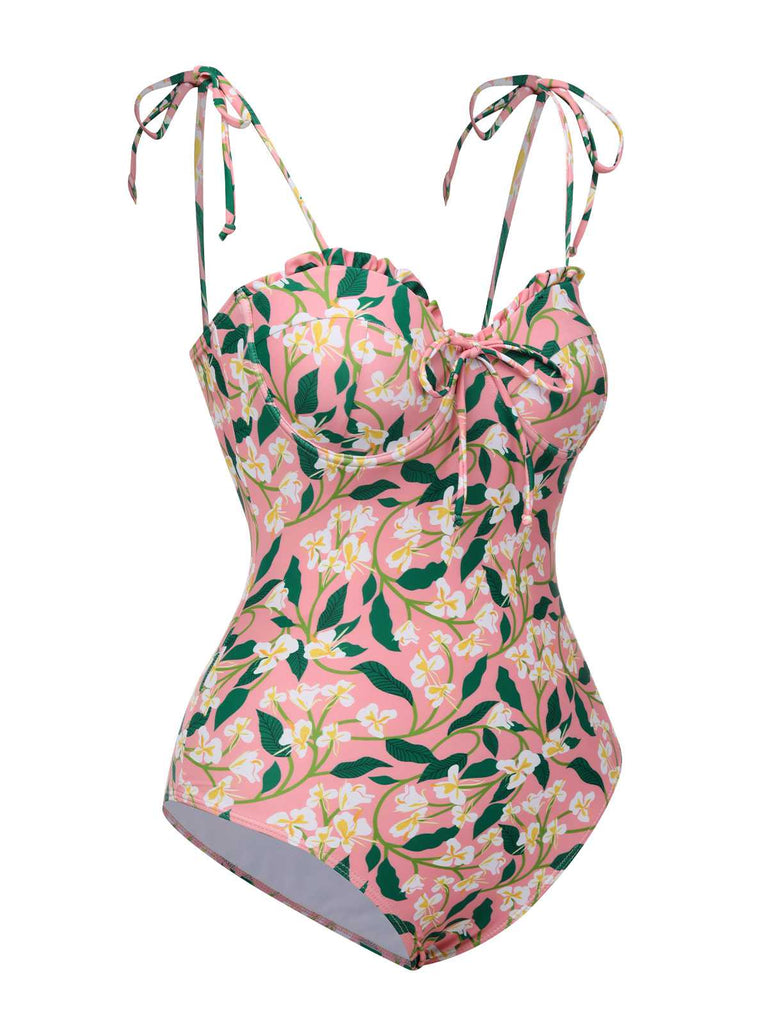 Rosa 1950er Spaghetti Träger Pflanzen Print Badeanzug