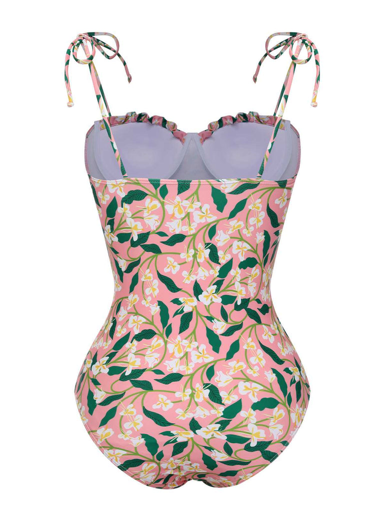 Rosa 1950er Spaghetti Träger Pflanzen Print Badeanzug