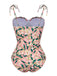 Rosa 1950er Spaghetti Träger Pflanzen Print Badeanzug