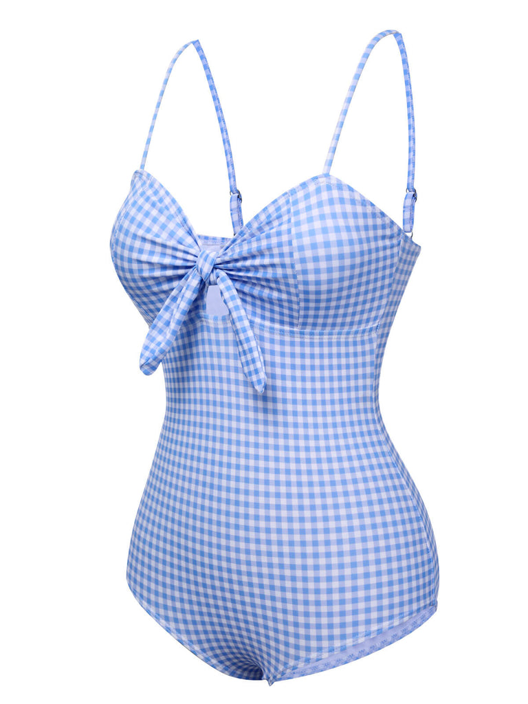 Blau 1950er Plaid Knotenträgern Badeanzug