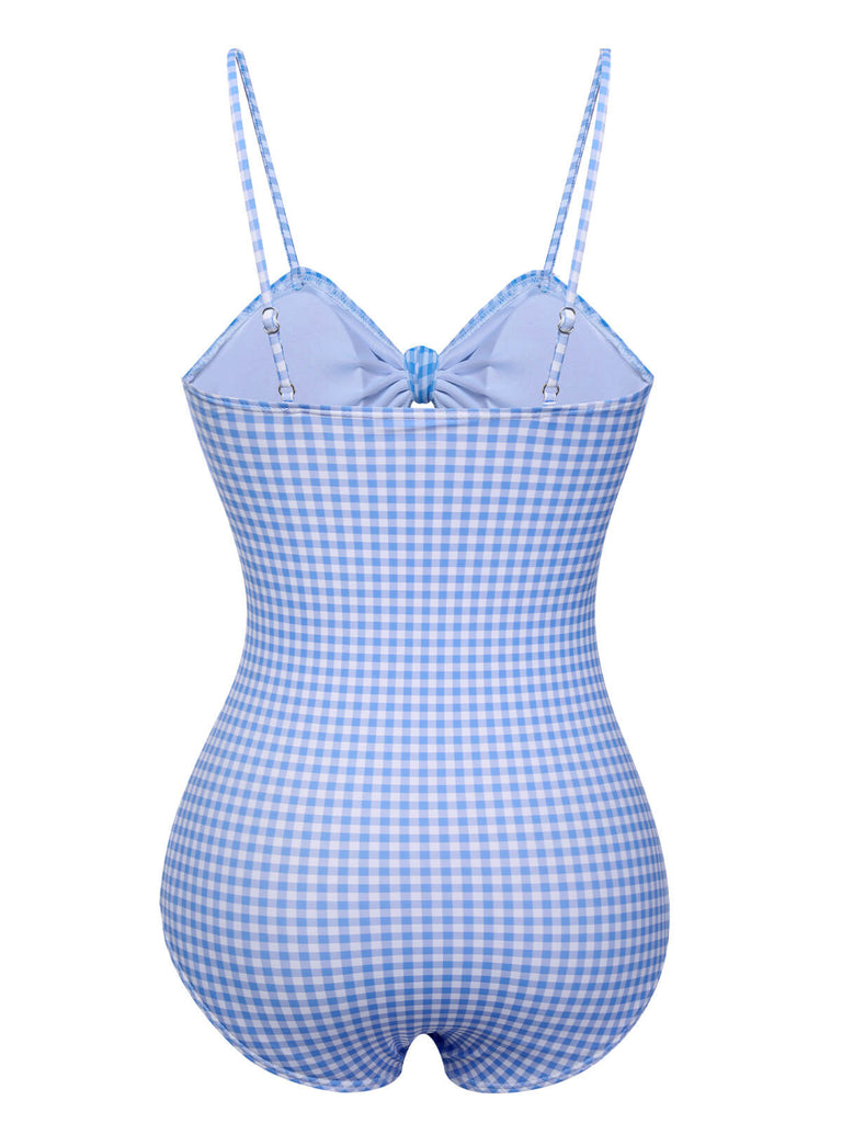 Blau 1950er Plaid Knotenträgern Badeanzug