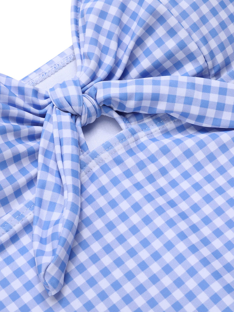 Blau 1950er Plaid Knotenträgern Badeanzug