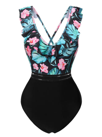 Multicolor 1950er Tropisch Rüsche Badeanzug