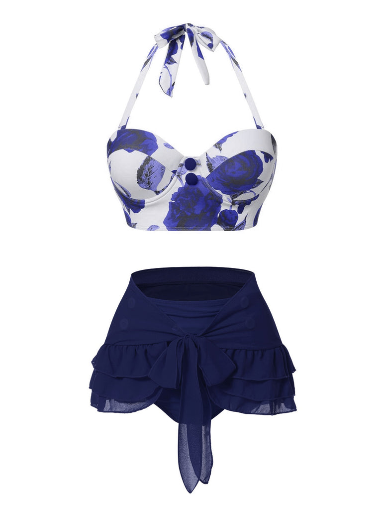 2PCS Blau 1960er Roses Halter Badeanzug & Rock Cover-Up