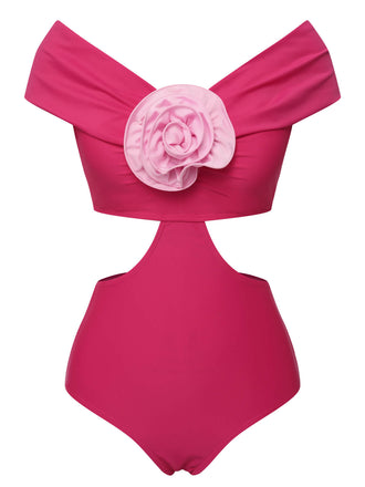 Rosenrot 1930er 3D-Rose Schulterfreier Badeanzug